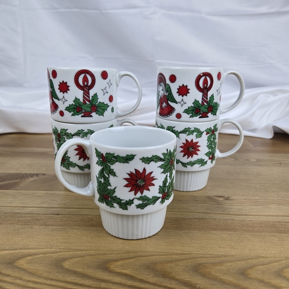 Vintage 1970s Trimont Ware Japan Stacking Mugs Cups Christmas Holiday Set of 5 - Picture 7 of 11